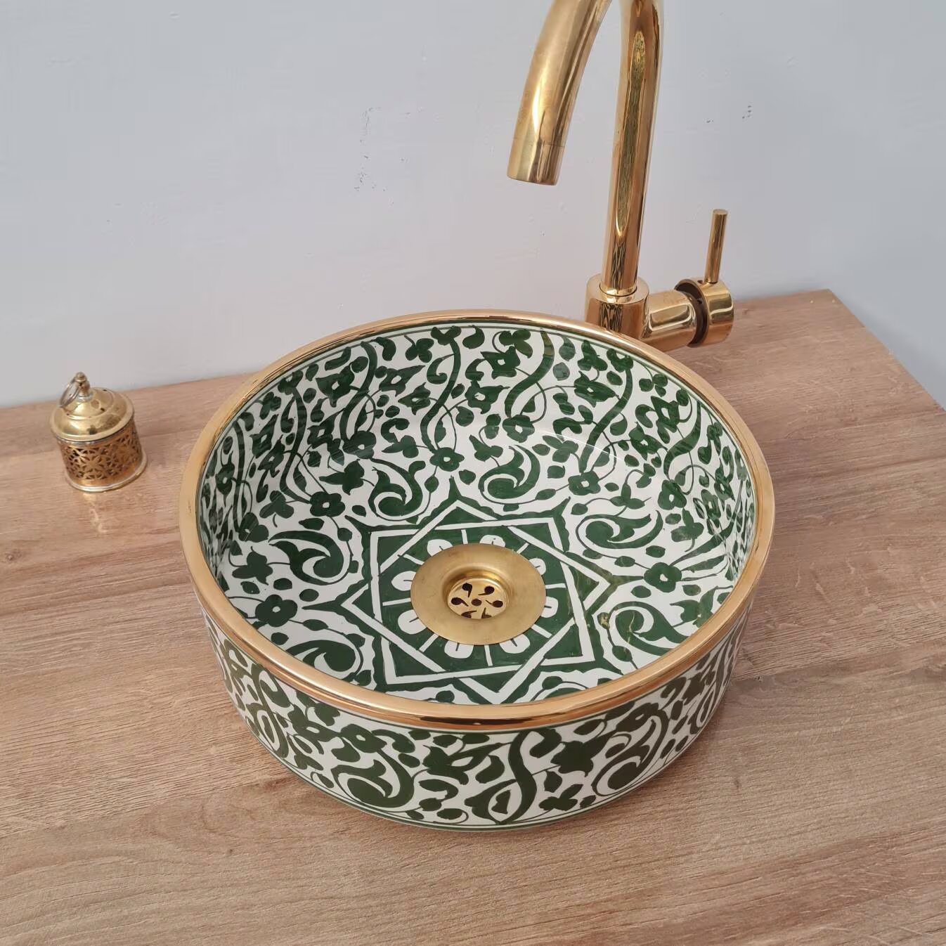 Vasque salle de bain contour Or 14K Carats | Lavabo en céramique peinte à la main #72