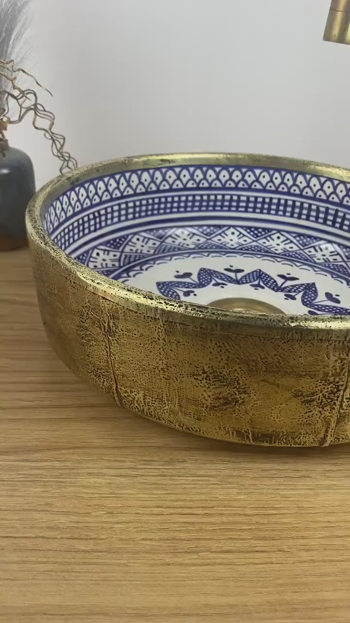 Vasque marocaine unique en céramique et en laiton #262