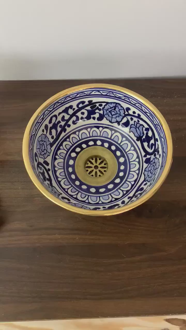 Vasque de salle de bain contour Or 14K Carats | Lavabo en céramique peinte à la main | Bathroom sink #20K