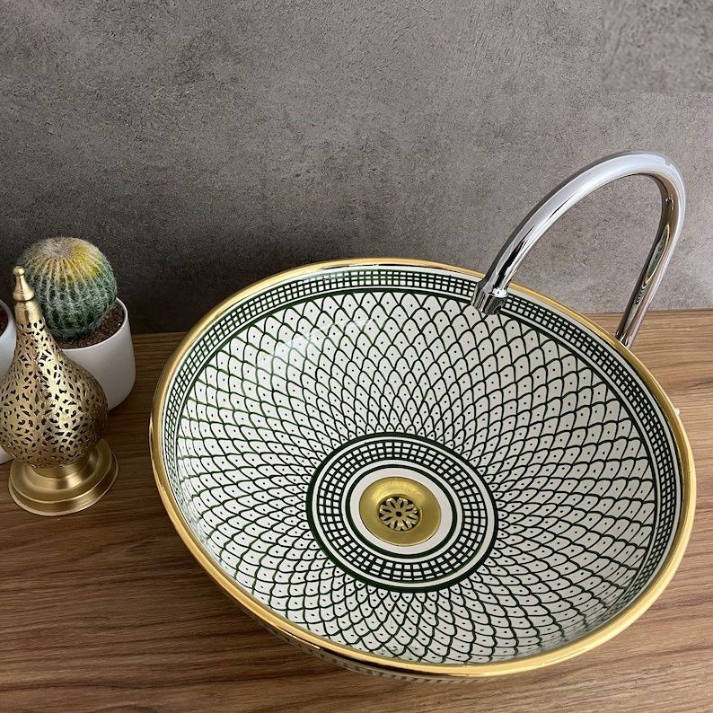 Vasque Marocaine en céramique fait main contour en Or 14K Carats #20Q