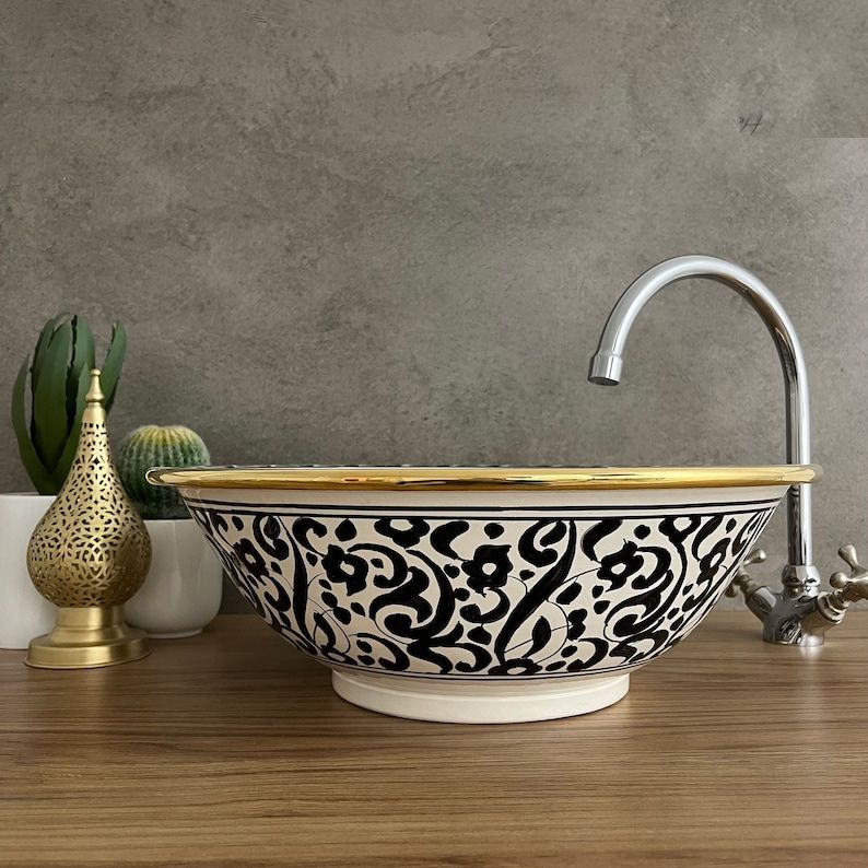 Vasque de salle de bain contour Or 14K Carats | Lavabo en céramique peinte à la main | Bathroom sink #20T
