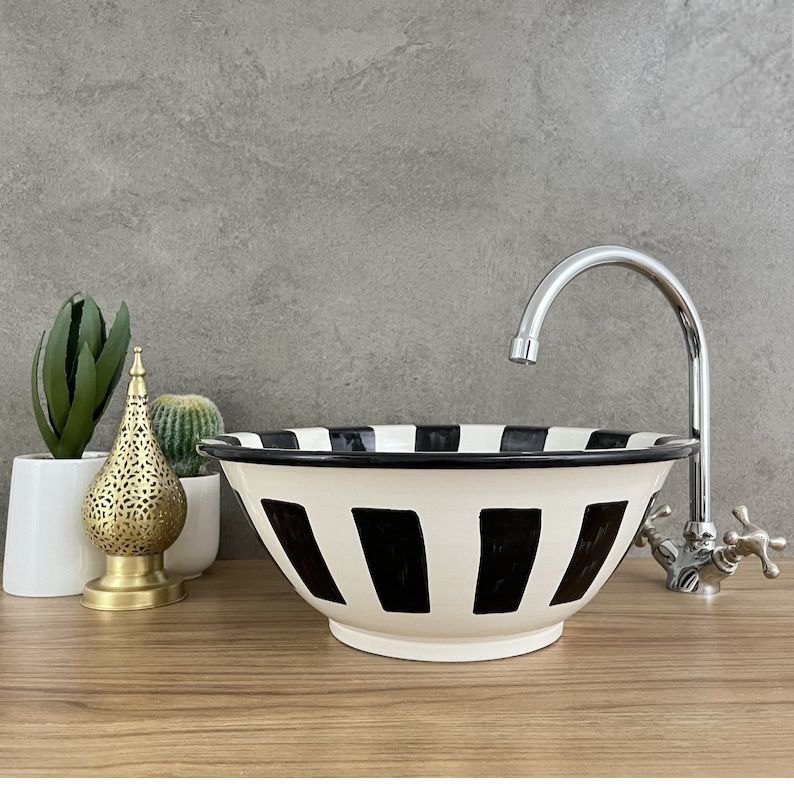 Vasque élégante pour salle de bain | Lavabo en céramique style orientale | black and white sink bowl #185M