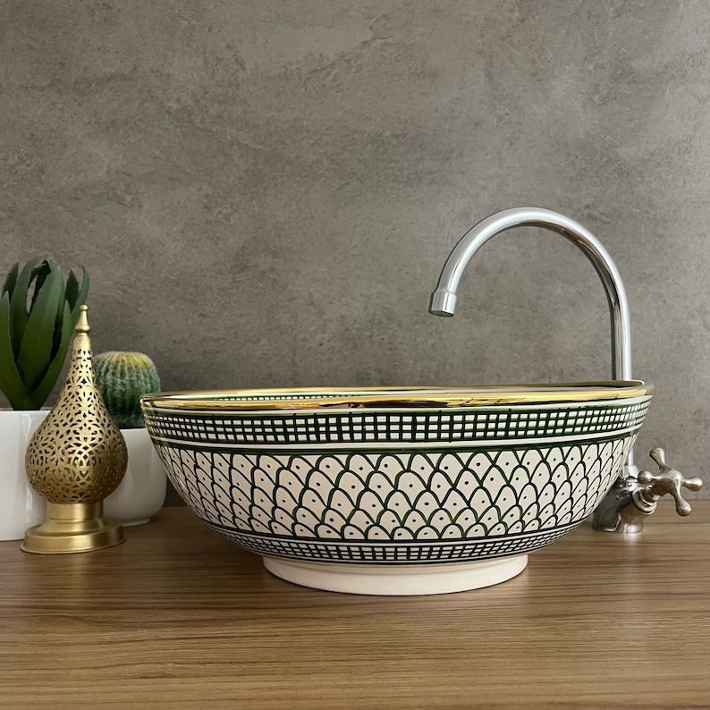 Vasque de salle de bain contour Or 14K Carats | Lavabo en céramique peinte à la main | Bathroom sink #20Q
