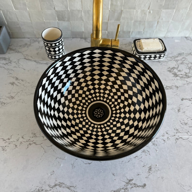 Vasque Marocaine en céramique pour une salle de bain élégante | Checkered sink bowl #52B