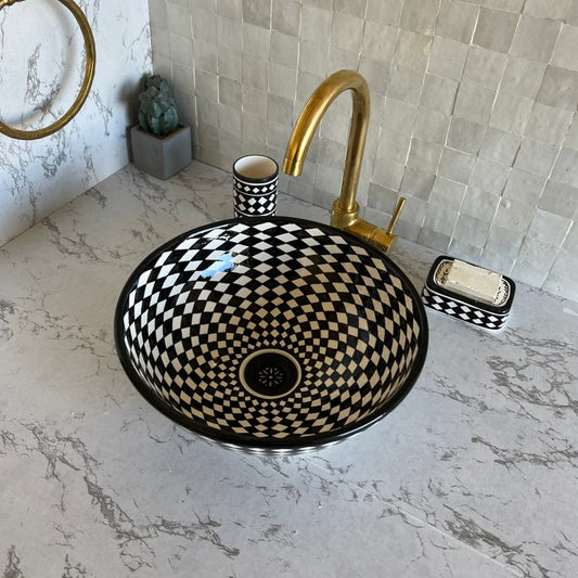 Vasque Marocaine en céramique pour une salle de bain élégante | Checkered sink bowl #52B