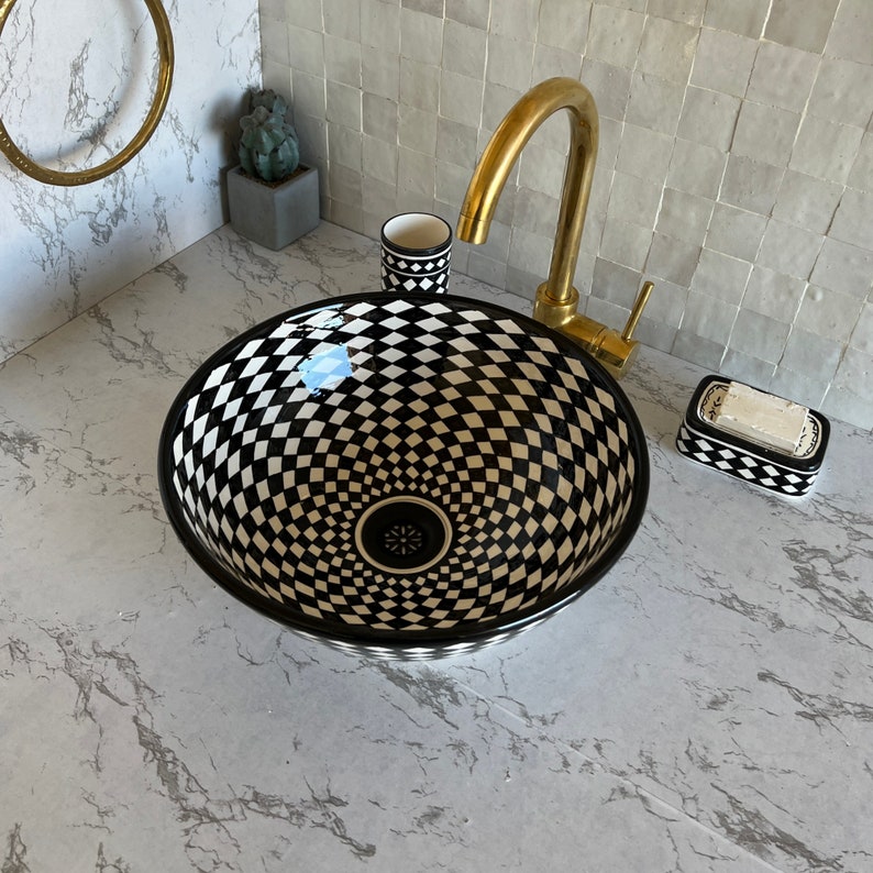 Vasque Marocaine en céramique pour une salle de bain élégante | Checkered sink bowl #52B