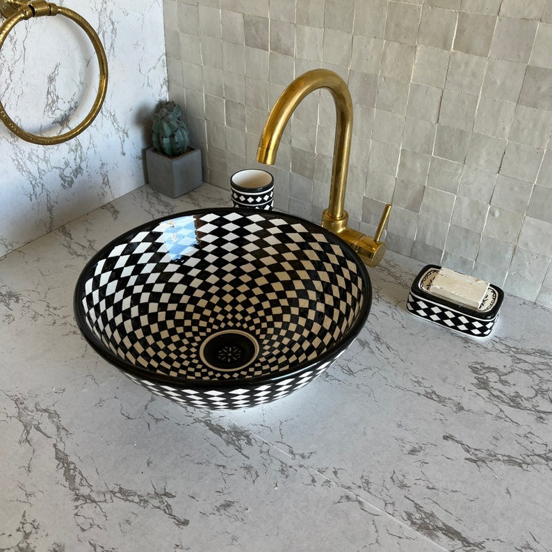 Vasque Marocaine en céramique pour une salle de bain élégante | Checkered sink bowl #52B