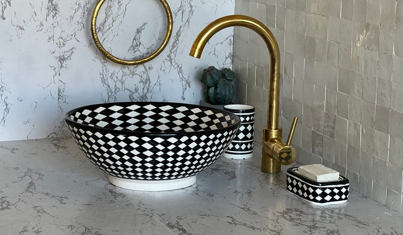 Vasque Marocaine en céramique pour une salle de bain élégante | Checkered sink bowl #52B