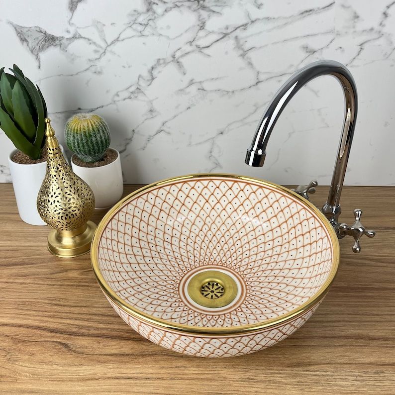 Vasque Marocaine en céramique fait main contour en Or 14K Carats #20SA
