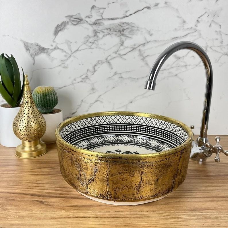 Vasque marocaine peintes à la main - Vasque en laiton massif et en céramique - Évier en laiton marocain -  Brass vessel sink bowl #225