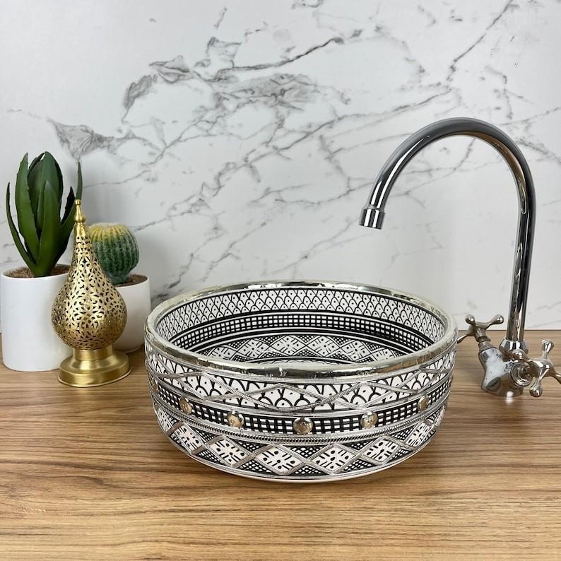 Vasque marocaine en argent brossé - Vasque en argent et en céramique - Évier marocain -  Brushed Silver Sink #226