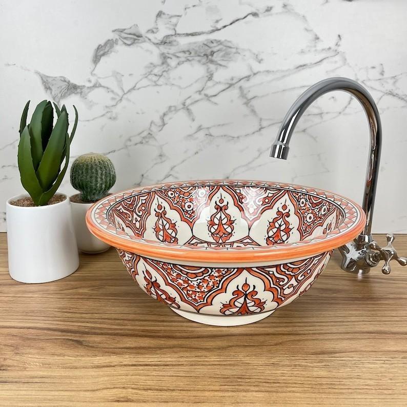 Vasque marocaine peintes à la main - Vasque Marocaine - Évier orange -  Moroccan sink bowl #221