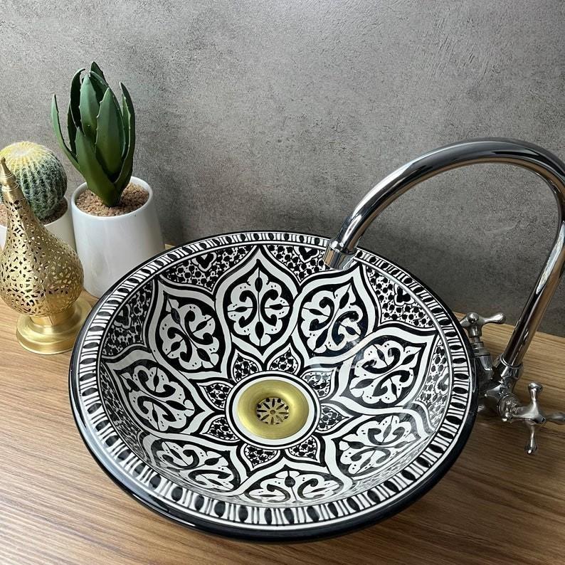 Vasque marocaine peintes à la main - Vasque Marocaine noir et blanc - Évier marocain -  Black sink bowl #223